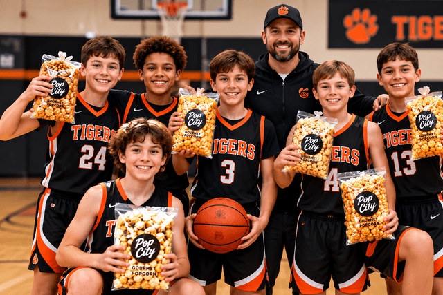 Youth basketball team holding Pop City popcorn bags