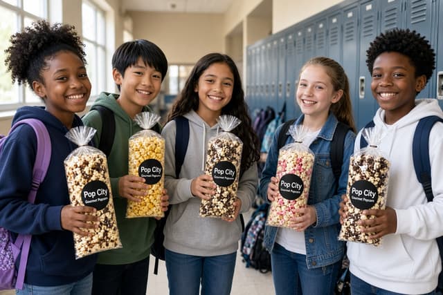 Students in a school hallway smiling with bags of Pop City popcorn
