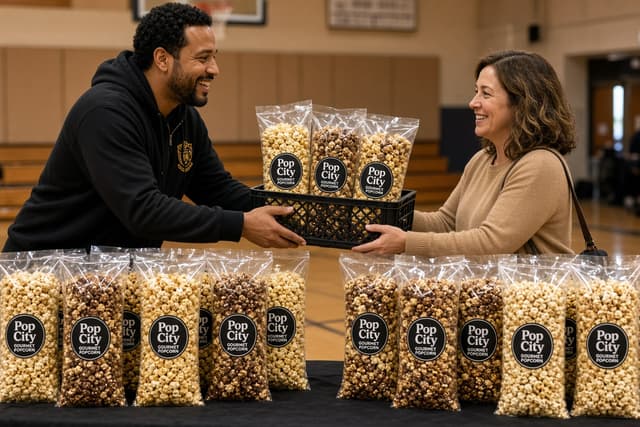 A coach and parent receiving a large Pop City fundraiser order