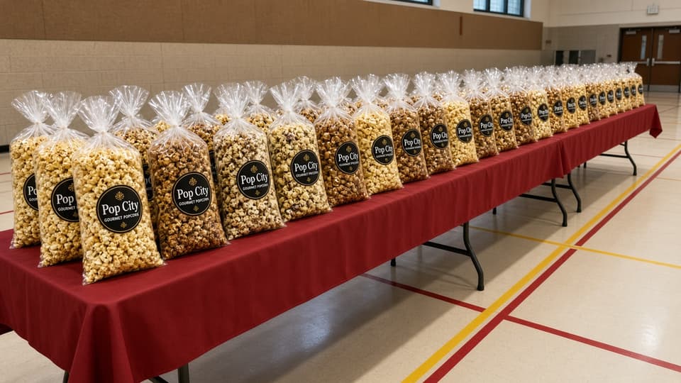 A table packed with tall bags of Pop City popcorn ready for a fundraiser pickup