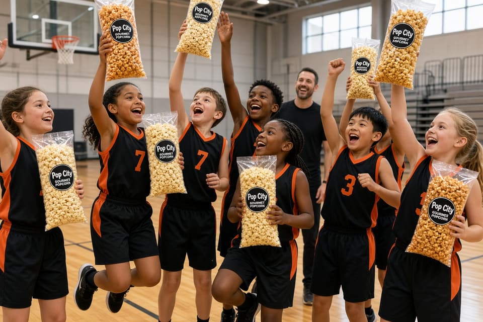 A youth sports team celebrating in a gym with bags of Pop City popcorn