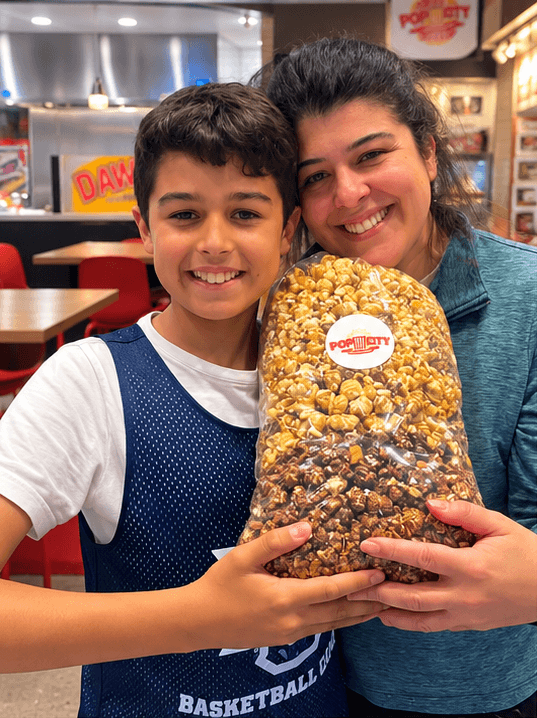A young athlete and a parent holding a bag of Pop City popcorn